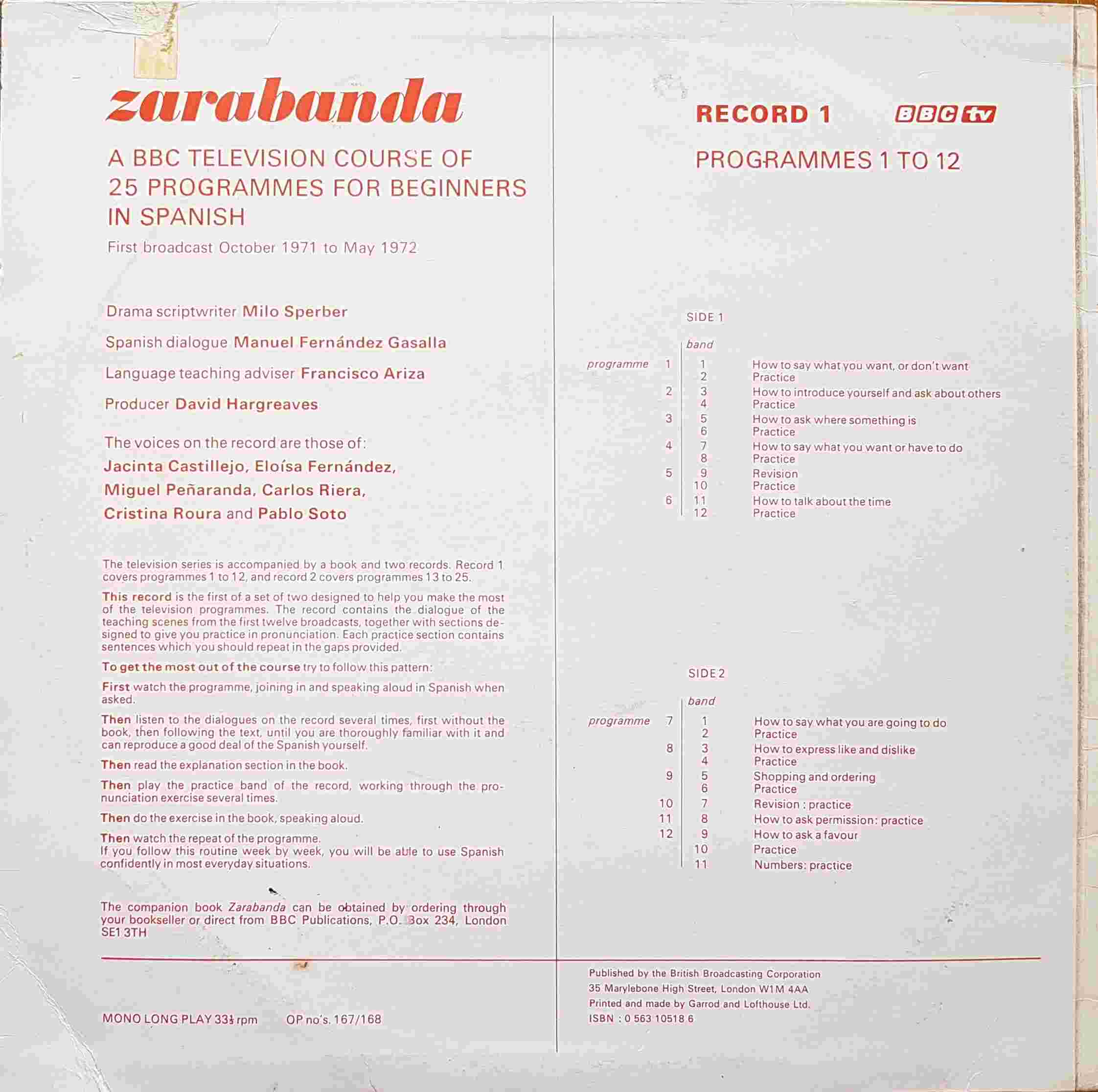 Picture of OP 167/168 Zarabanda - A BBC Television course of 25 programmes for beginners in Spanish - Record 1 - Programmes 1 - 12 by artist Milo Sperber / Manuel Fernandez Gasalla from the BBC records and Tapes library